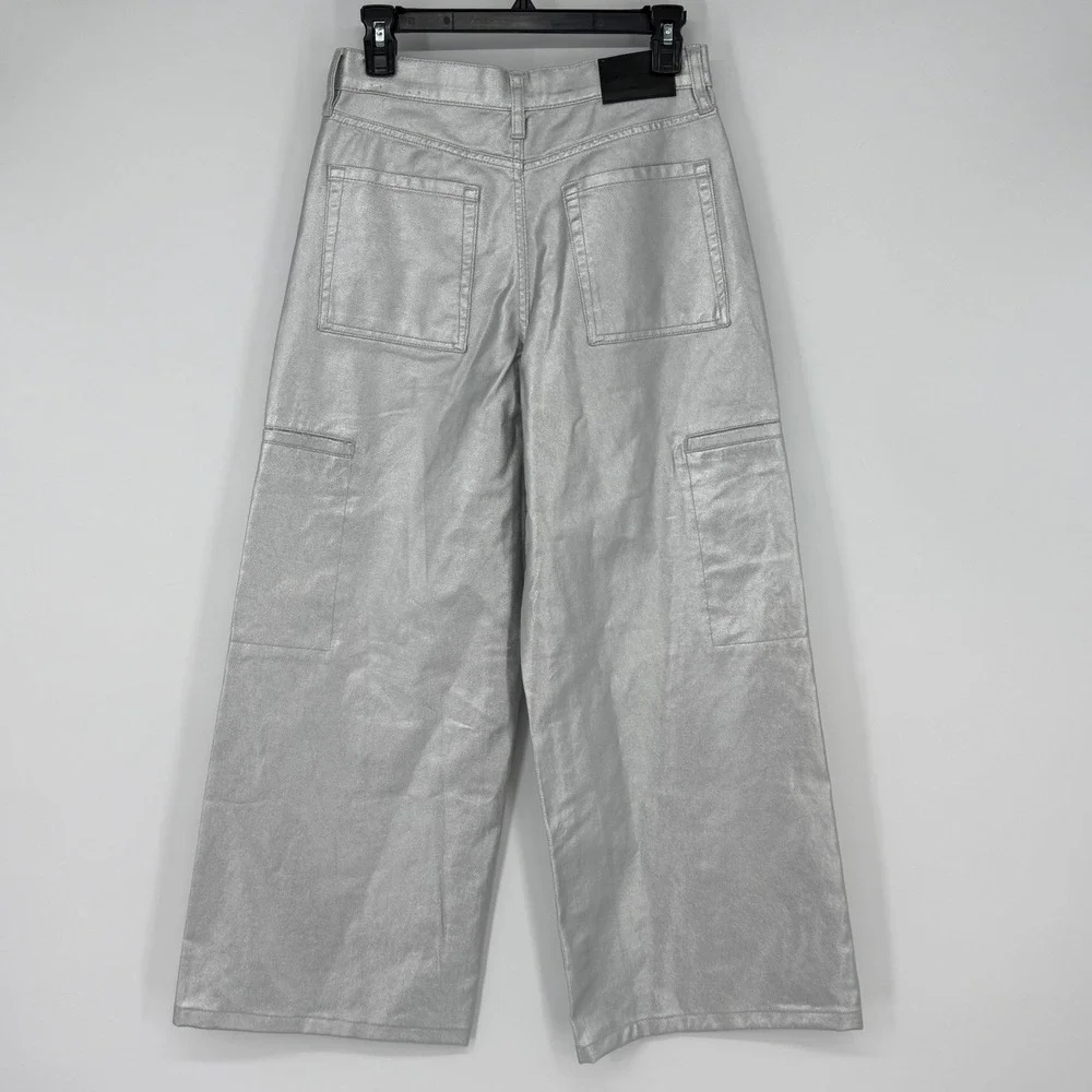 DKNY Jeans Silver Metallic Wide Leg Cargo‎ Pants Size 26 Y2K